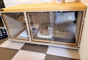 防音ケージカバー5タイプ大のカギの部分をクレセントにしました。開け閉めが簡単に出来て鍵部分んも上部のみ。内部に4㎜の引き違いの扉が付きます。持ち上げれば外せ前面が全開になります。ケージも出せます。介護もしやすくなります。 仔犬から永く使える商品です。扉の開け閉めに場所を取りません。半分のアクリルを外し中の扉を右に寄せればワンちゃんは、出せます。 面ごとのパーツでお届けします。プラスドライバーで簡単に組み立て出来ます。組み立て説明も付きます。内寸1210x710 高さ660 開口寸法1210x600